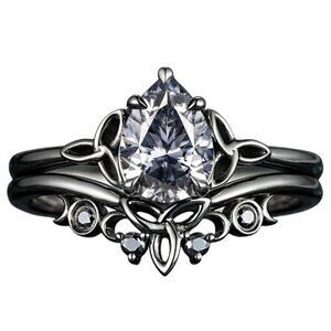 Pear Cut Gray Moissanite Celtic Knot 2 pc Bridal Wedding engagement ring Rhodium